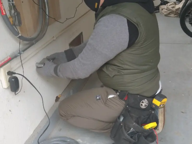 Electrician performing outlet wiring in a Avery Creek garage